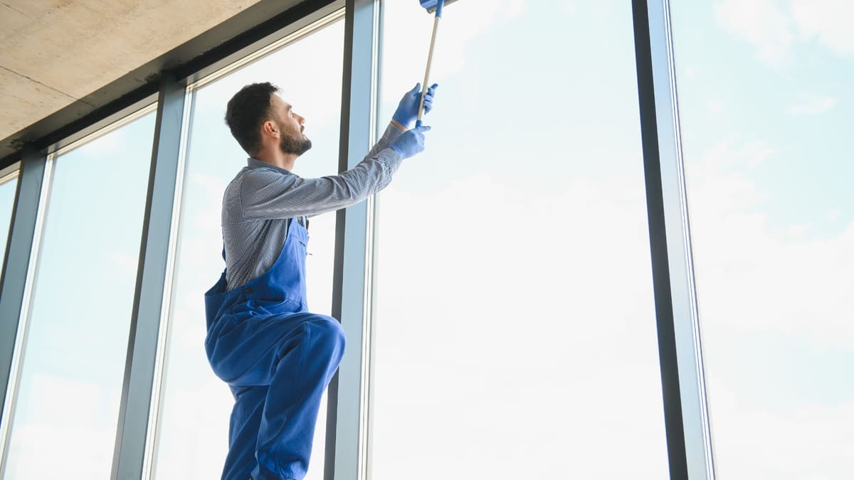 Commercial window cleaner working on tall glazing inside a Lynchburg office building