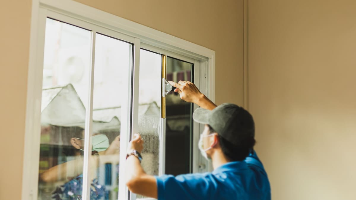 Interior window cleaning with a squeegee on a sliding window inside a Lynchburg home